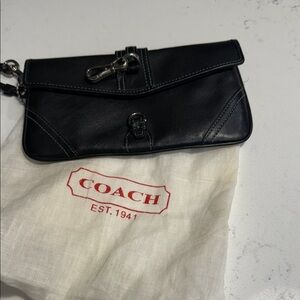 Coach Vintage Black Leather Wristlet with blueish/green stitching